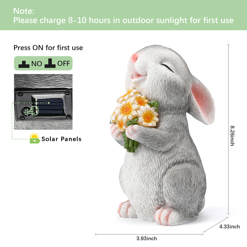 Holding Sunflower Mushroom Rabbit Garden Decor Statue with Solar Light 8.26''