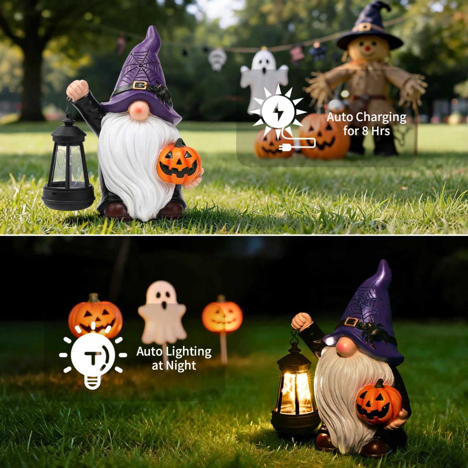 Halloween Gnome Holding Pumpkin Garden Statue with Solar Lantern