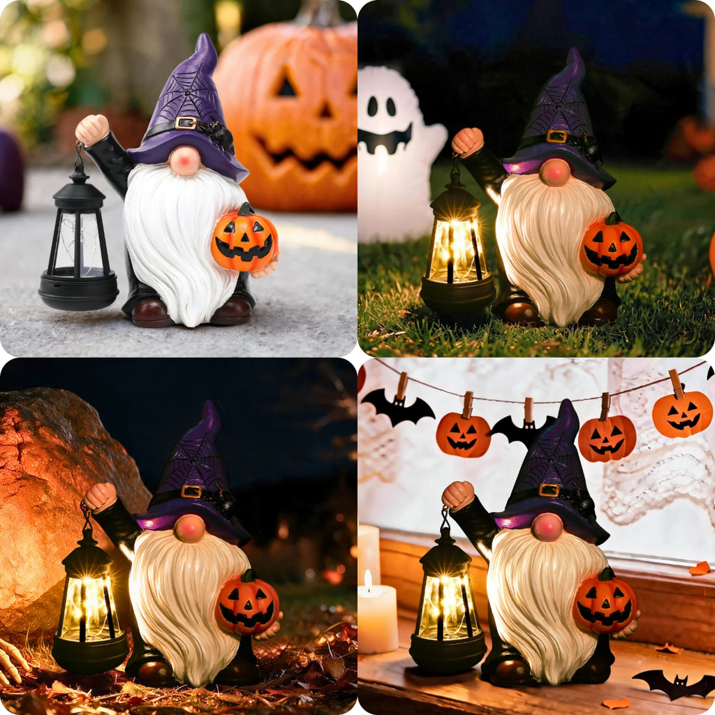 Halloween Gnome Holding Pumpkin Garden Statue with Solar Lantern