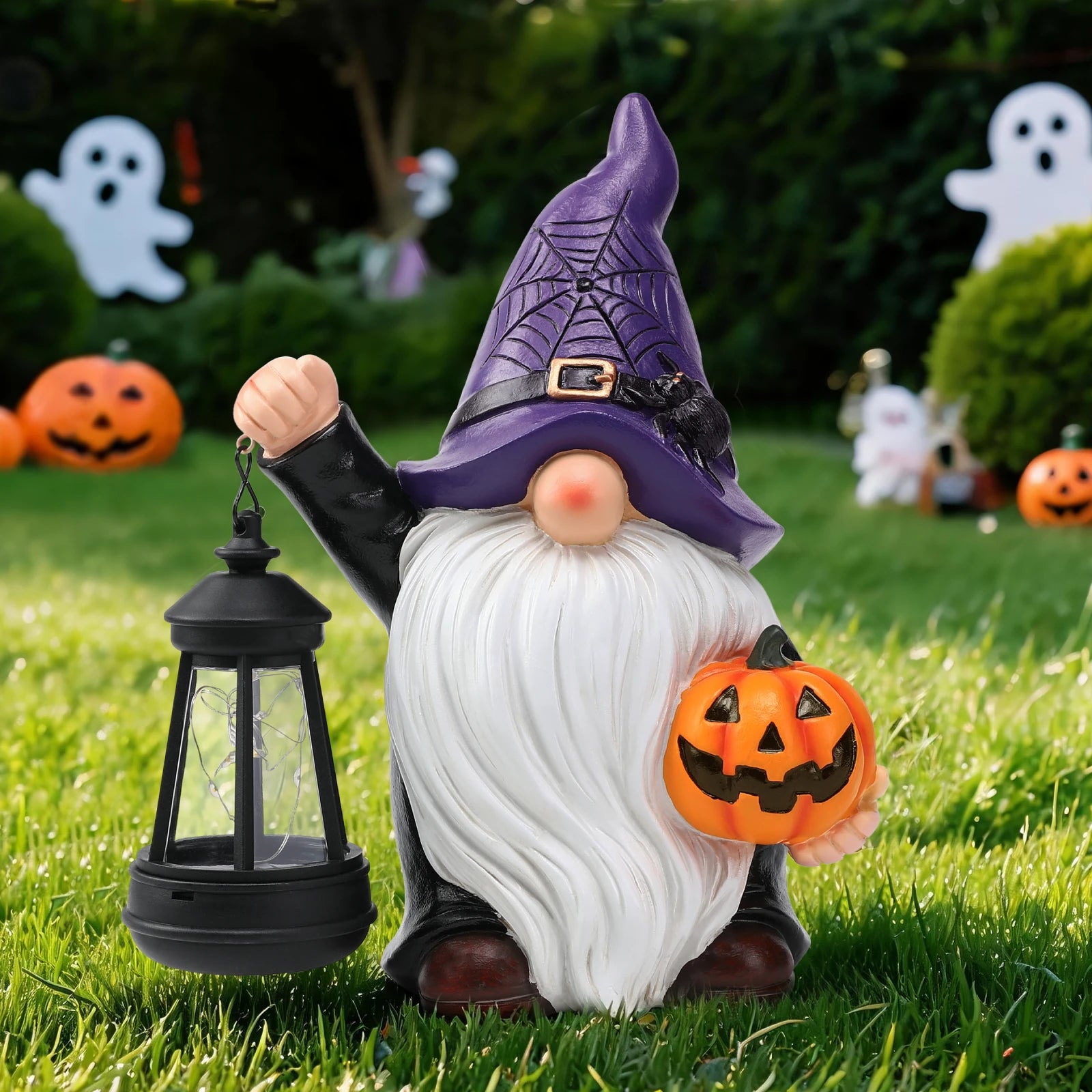 Halloween Gnome Holding Pumpkin Garden Statue with Solar Lantern