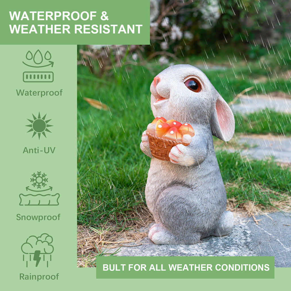Holding Sunflower Mushroom Rabbit Garden Decor Statue with Solar Light 8.26''