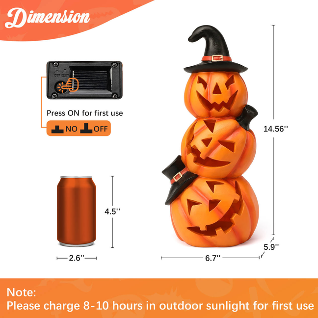 Halloween Stacked Pumpkin Garden Decor Statue with Solar Light 14.56‘’