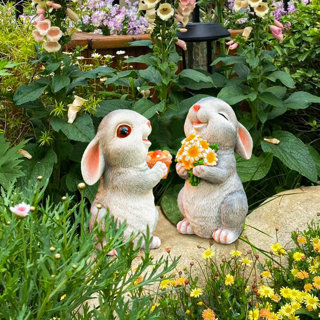 Holding Sunflower Mushroom Rabbit Garden Decor Statue with Solar Light 8.26''