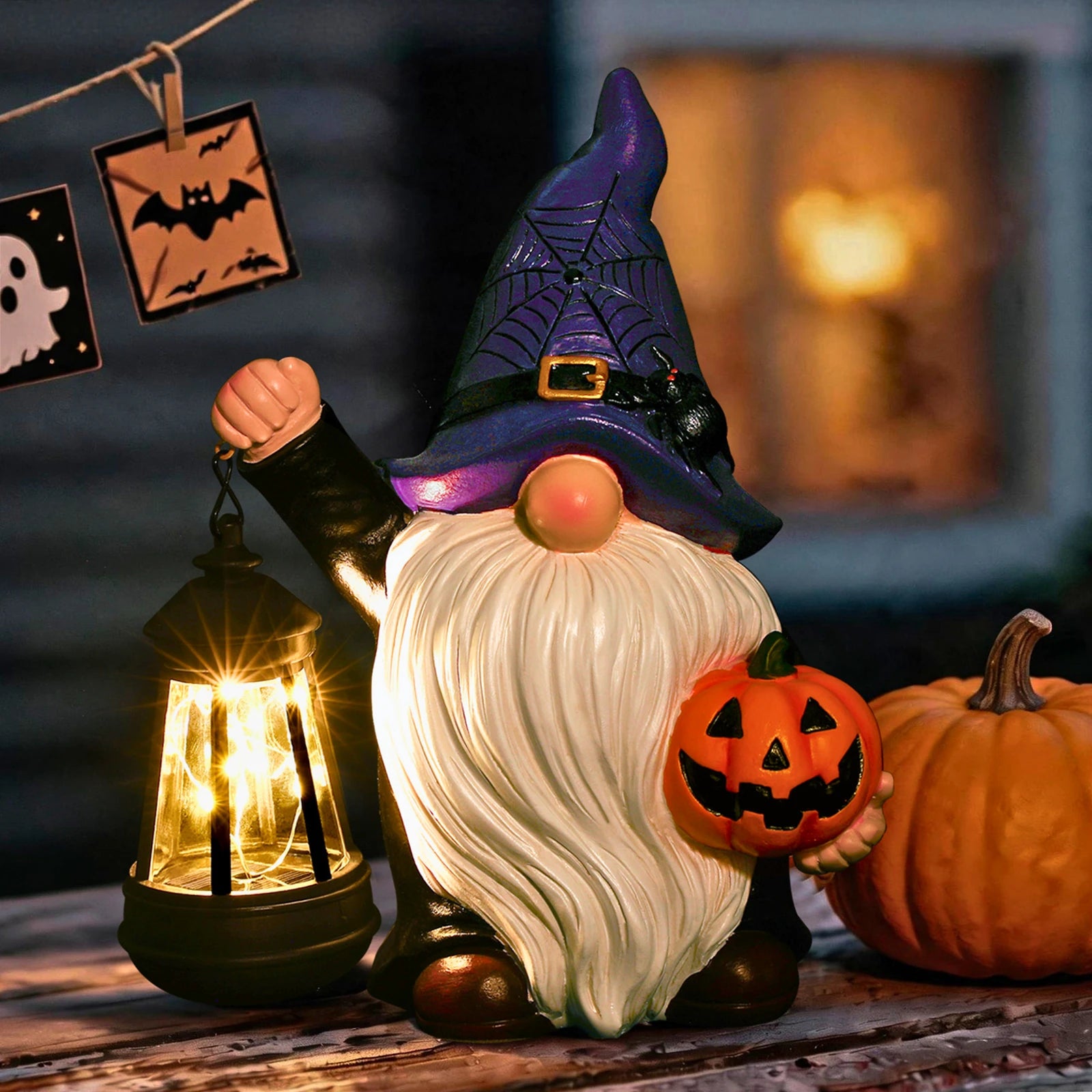 Halloween Gnome Holding Pumpkin Garden Statue with Solar Lantern
