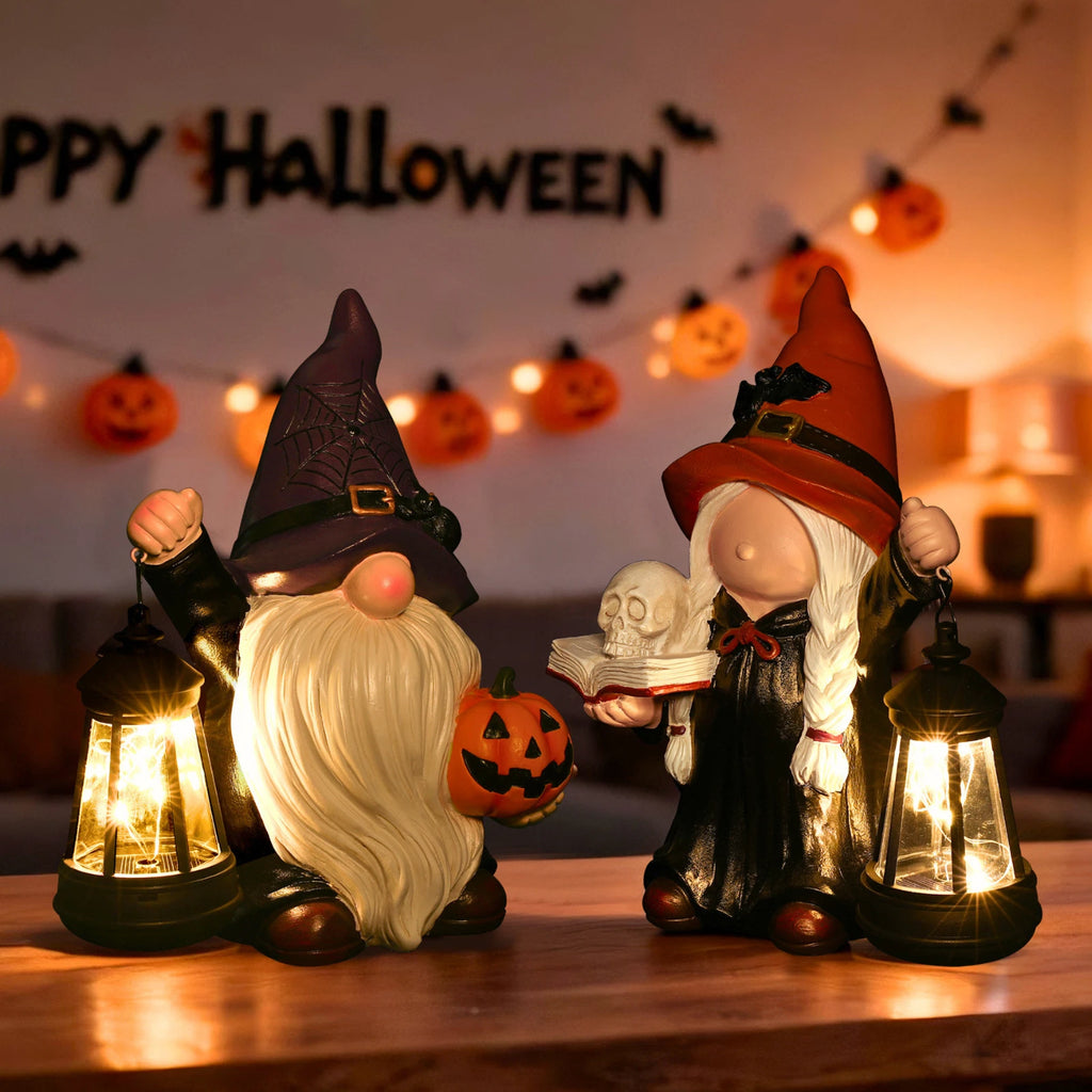 Halloween Gnome Witch Holding Skull & Spell Book Decor Statue With Solar Lantern