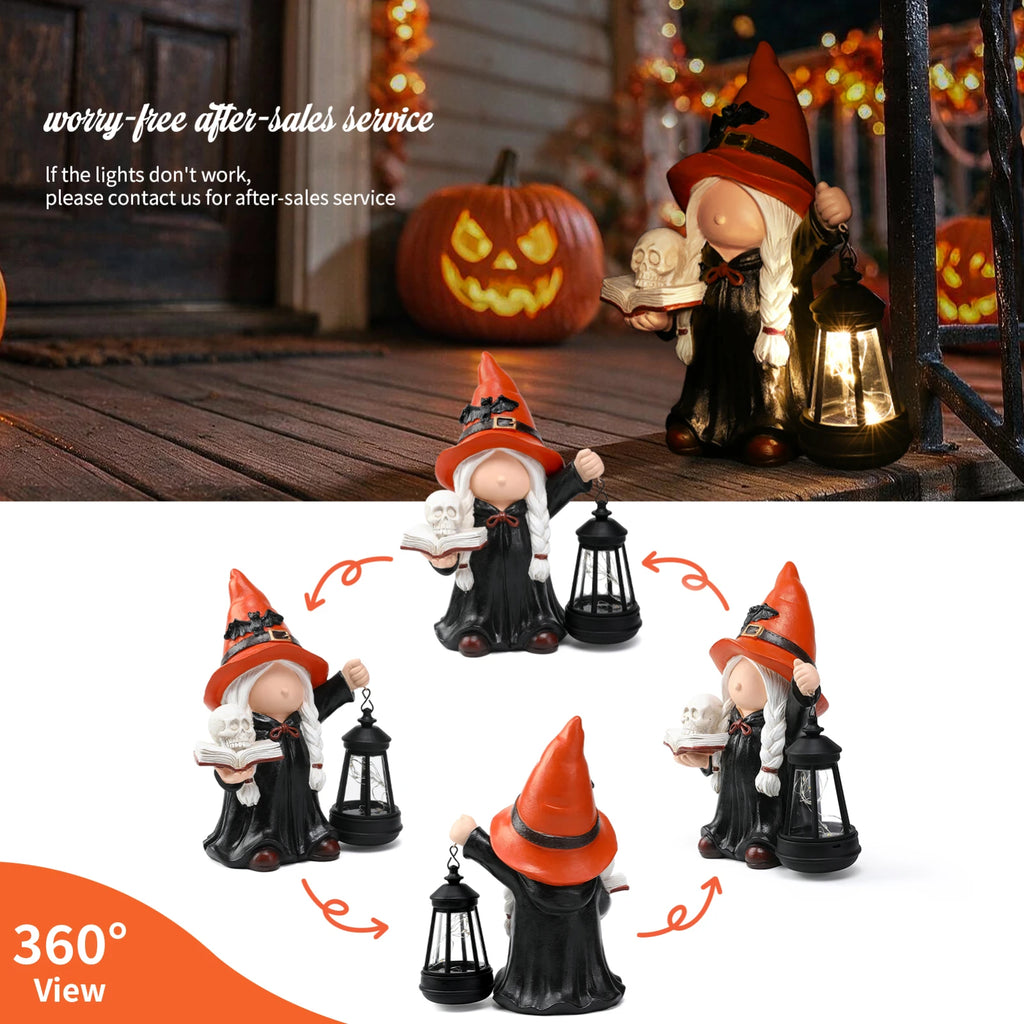 Halloween Gnome Witch Holding Skull & Spell Book Decor Statue With Solar Lantern