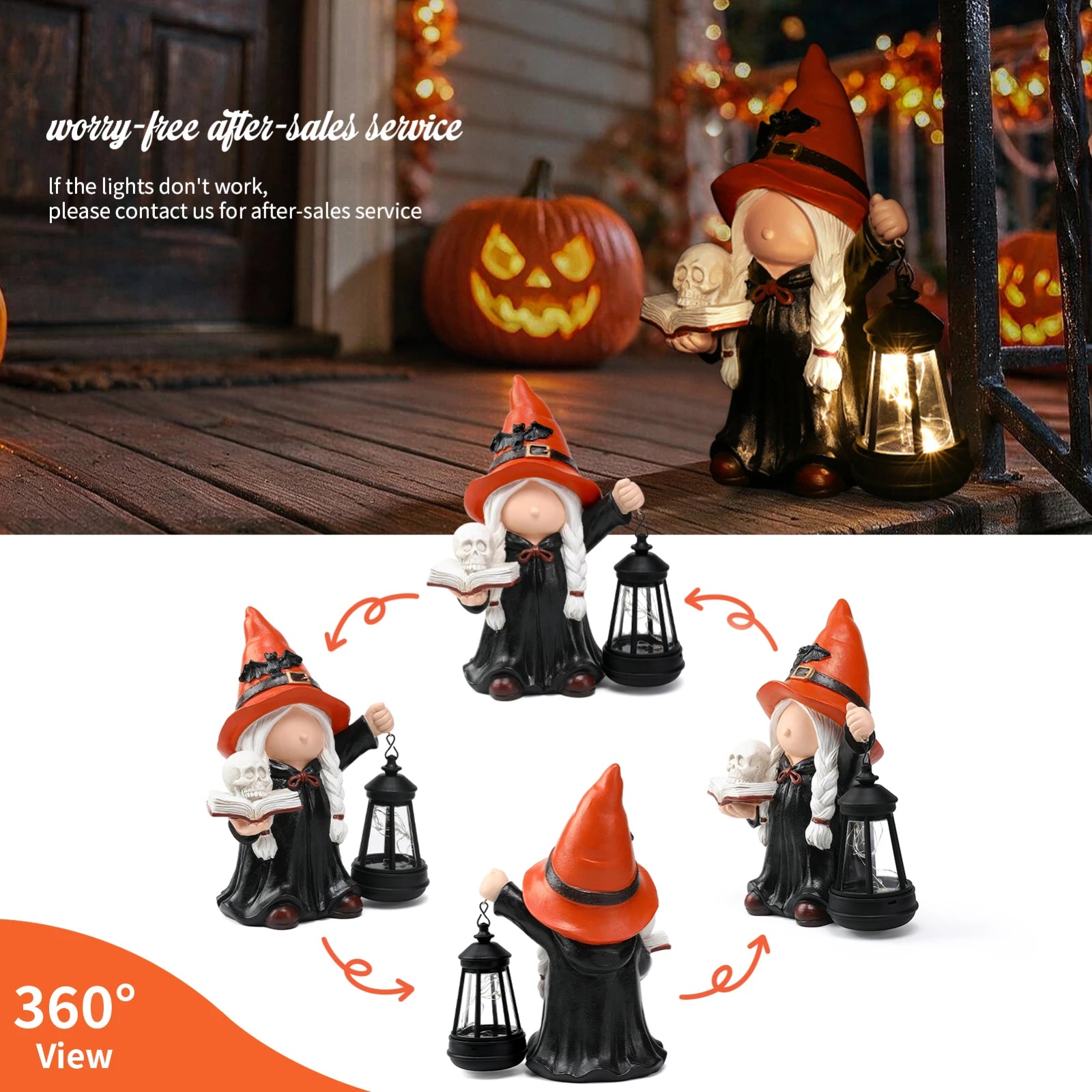 Halloween Gnome Witch Holding Skull & Spell Book Decor Statue With Solar Lantern