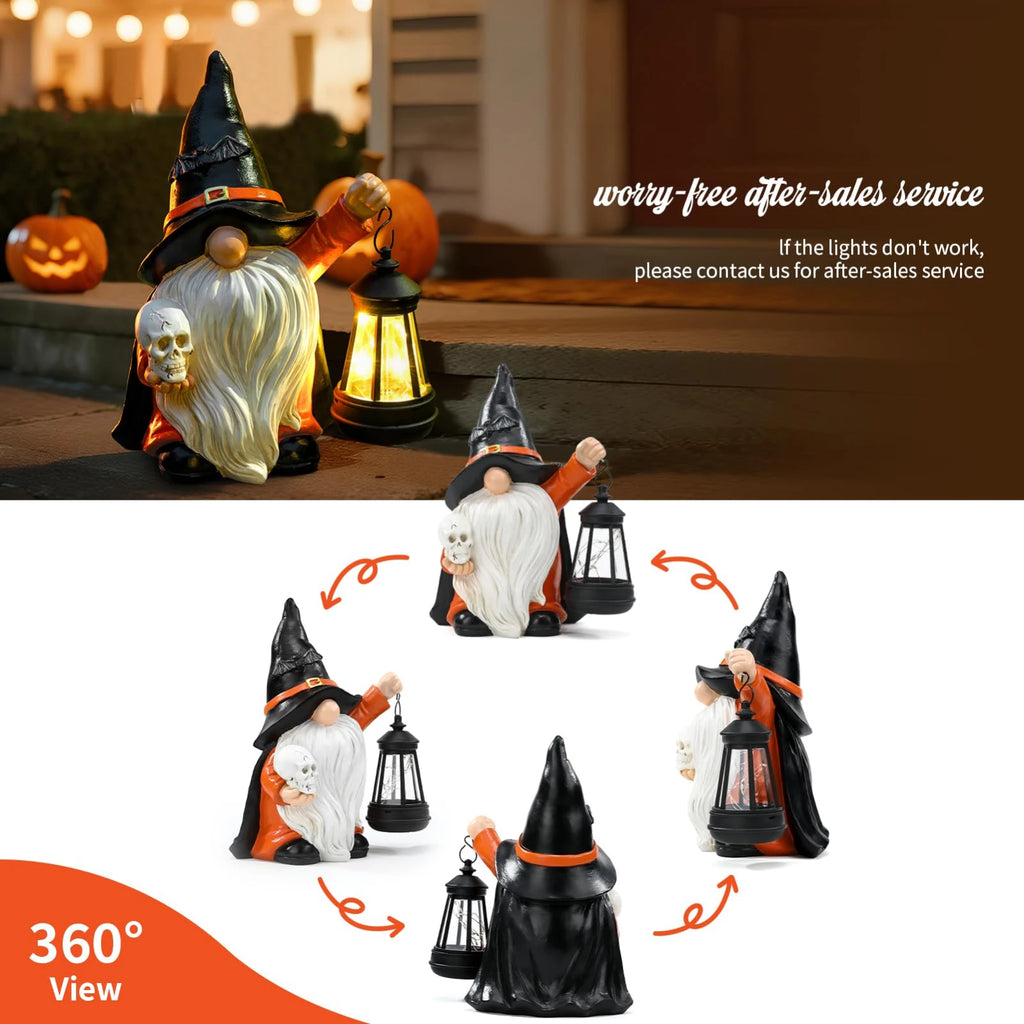 Halloween Gnome Garden Decor Statue With Skull & Solar Lantern