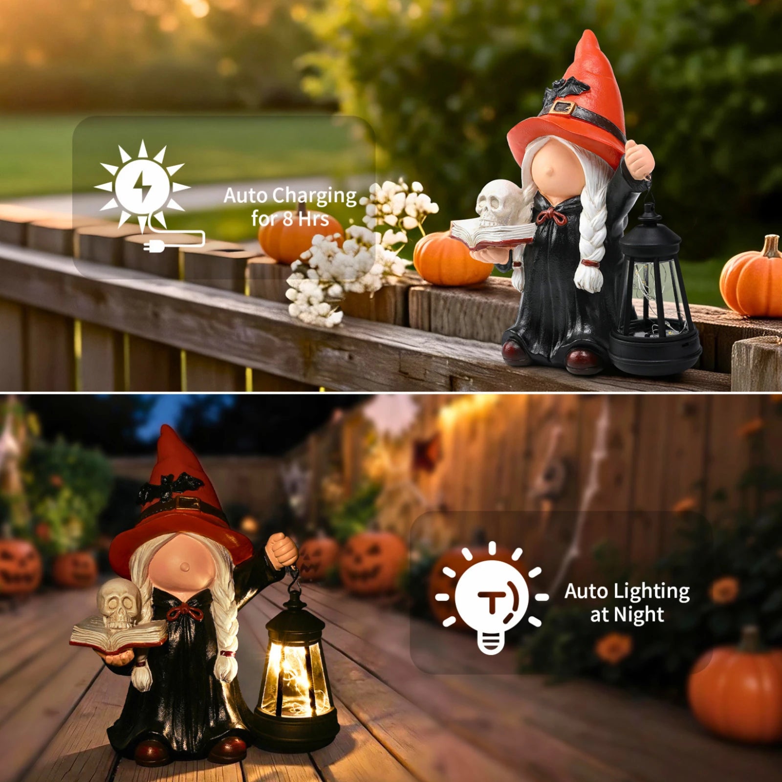 Halloween Gnome Witch Holding Skull & Spell Book Decor Statue With Solar Lantern