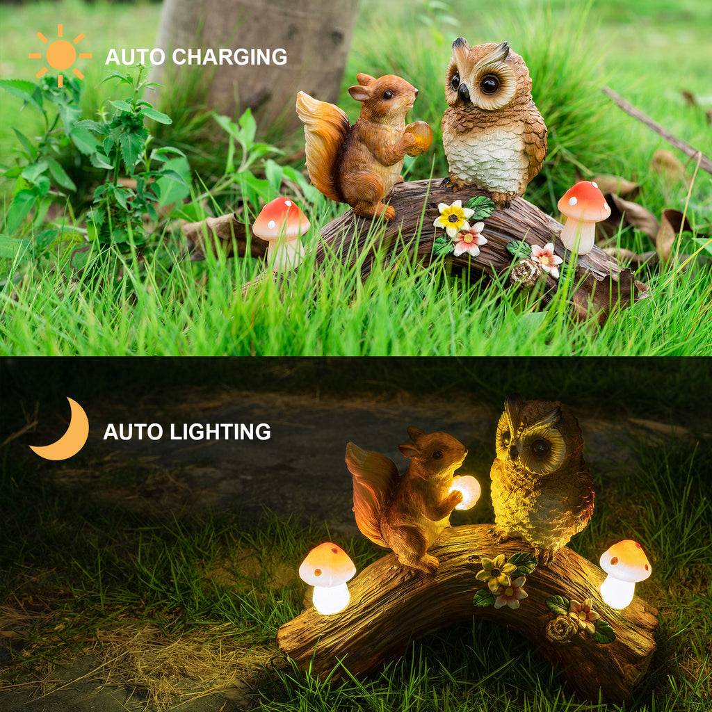 Owl Squirrel Garden Decor Statue with Solar Light