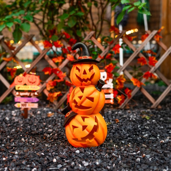 Halloween Stacked Pumpkin Garden Decor Statue with Solar Light 14.56‘’