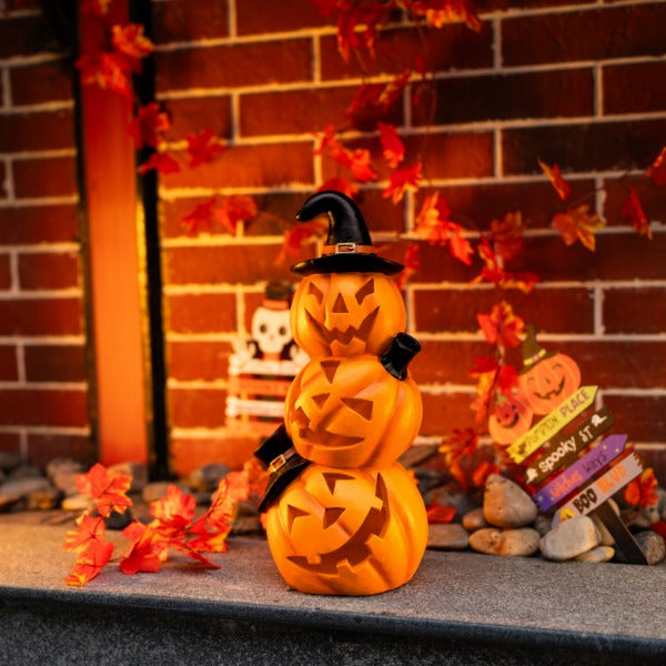 Halloween Stacked Pumpkin Garden Decor Statue with Solar Light 14.56‘’