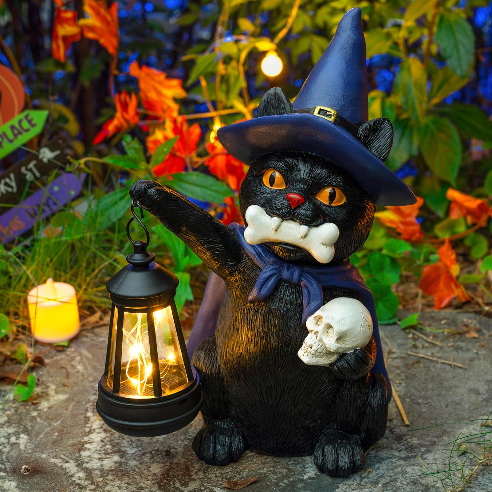 Halloween Black Cat Spooky Garden Decor Statue with Solar Light 10.6‘’