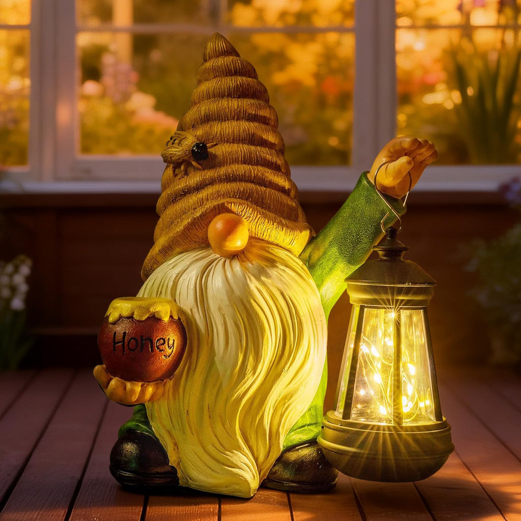 Honey Gnome Garden Decor Statue with Solar Light 12.3‘’