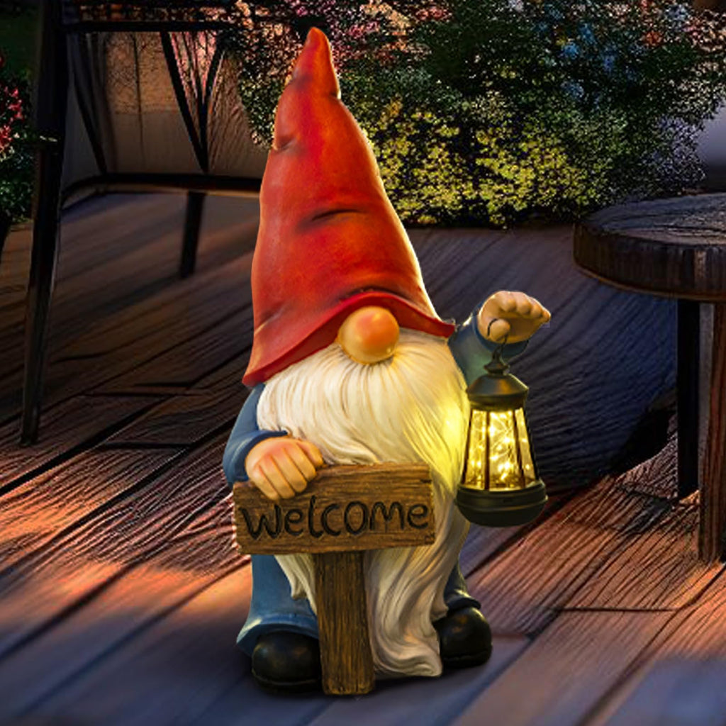 Large Gnome Garden  Decor Statue Big Gnome with Welcome Sign Solar Light 22"