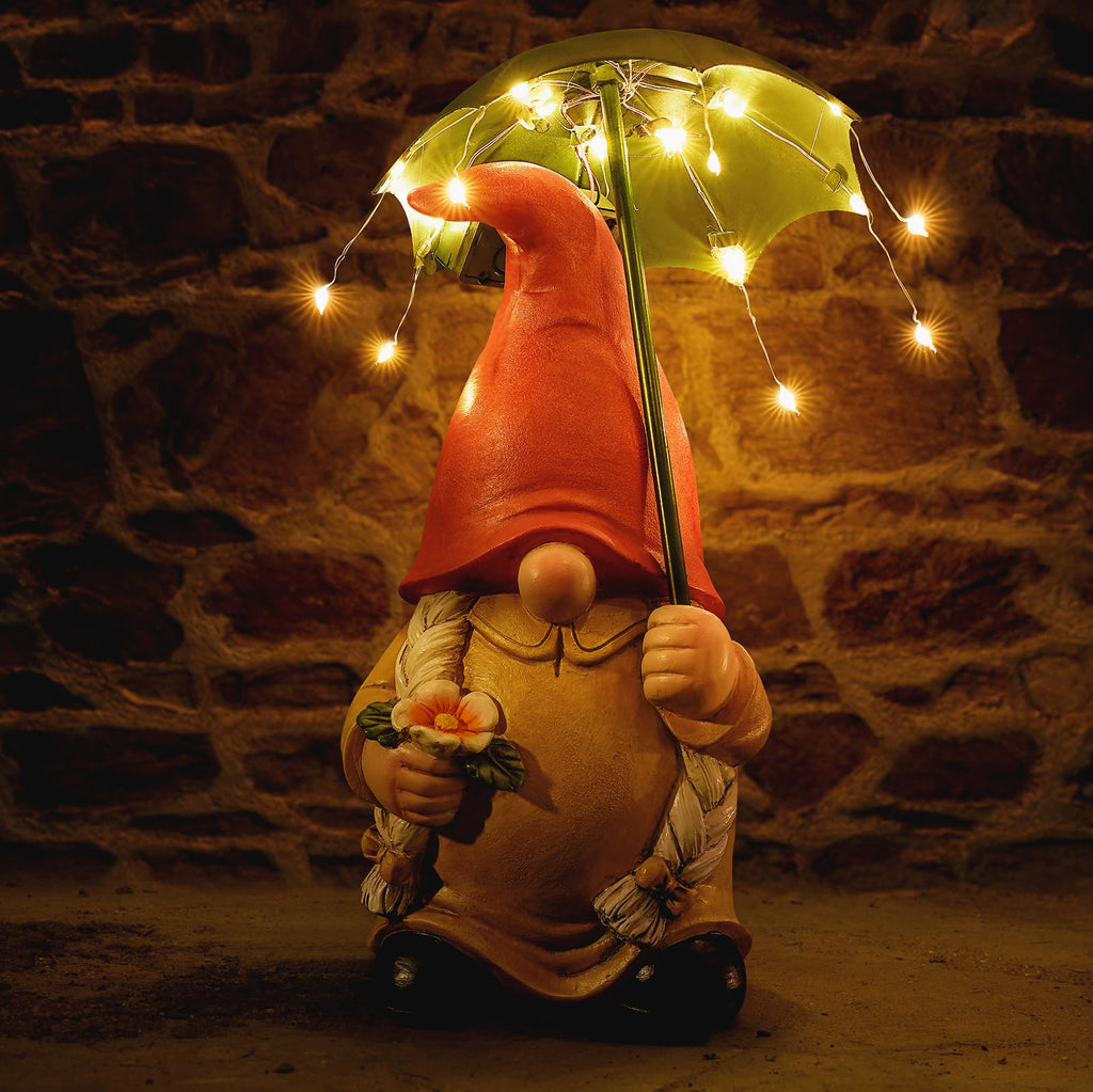 Greeen Umbrella Lady Gnome Garden Decor Statue Solar Light 9.9''