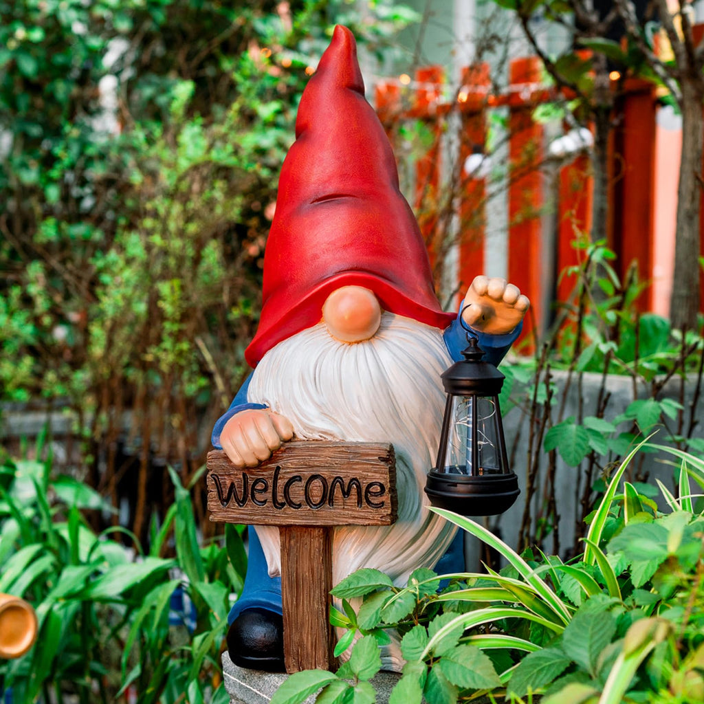 Large Gnome Garden  Decor Statue Big Gnome with Welcome Sign Solar Light 22"