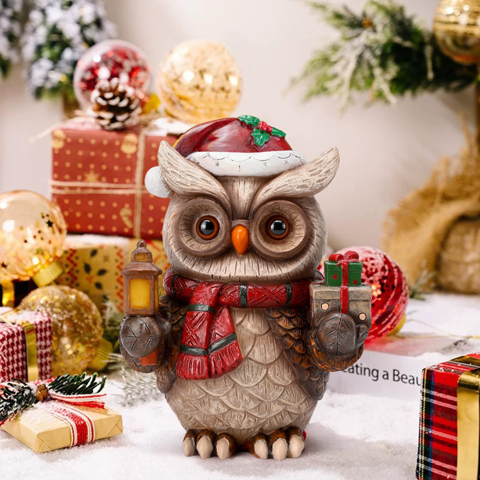 Christmas Owl Garden Decor Statue with Solar Light 9.4‘’