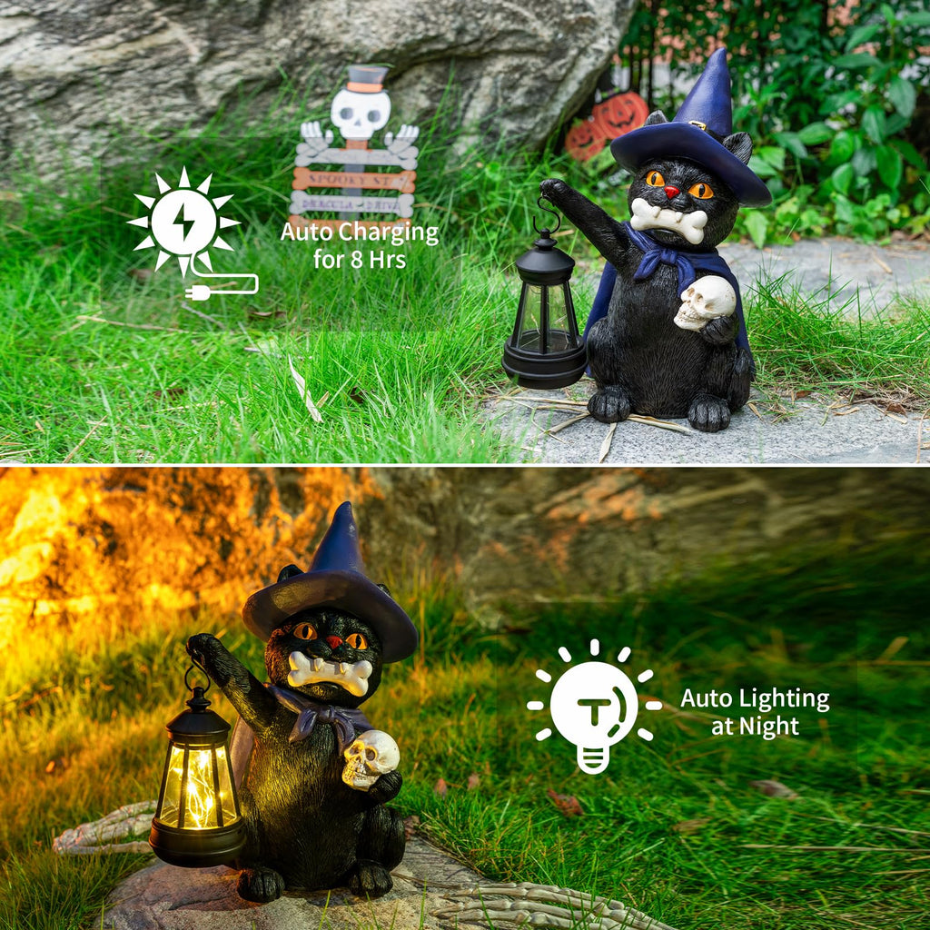 Halloween Black Cat Spooky Garden Decor Statue with Solar Light 10.6‘’
