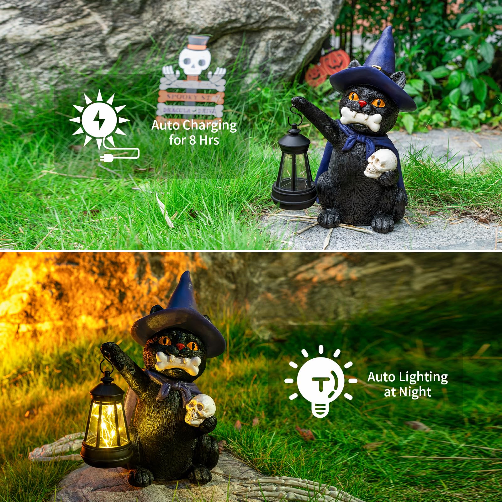 Halloween Black Cat Spooky Garden Decor Statue with Solar Light 10.6‘’