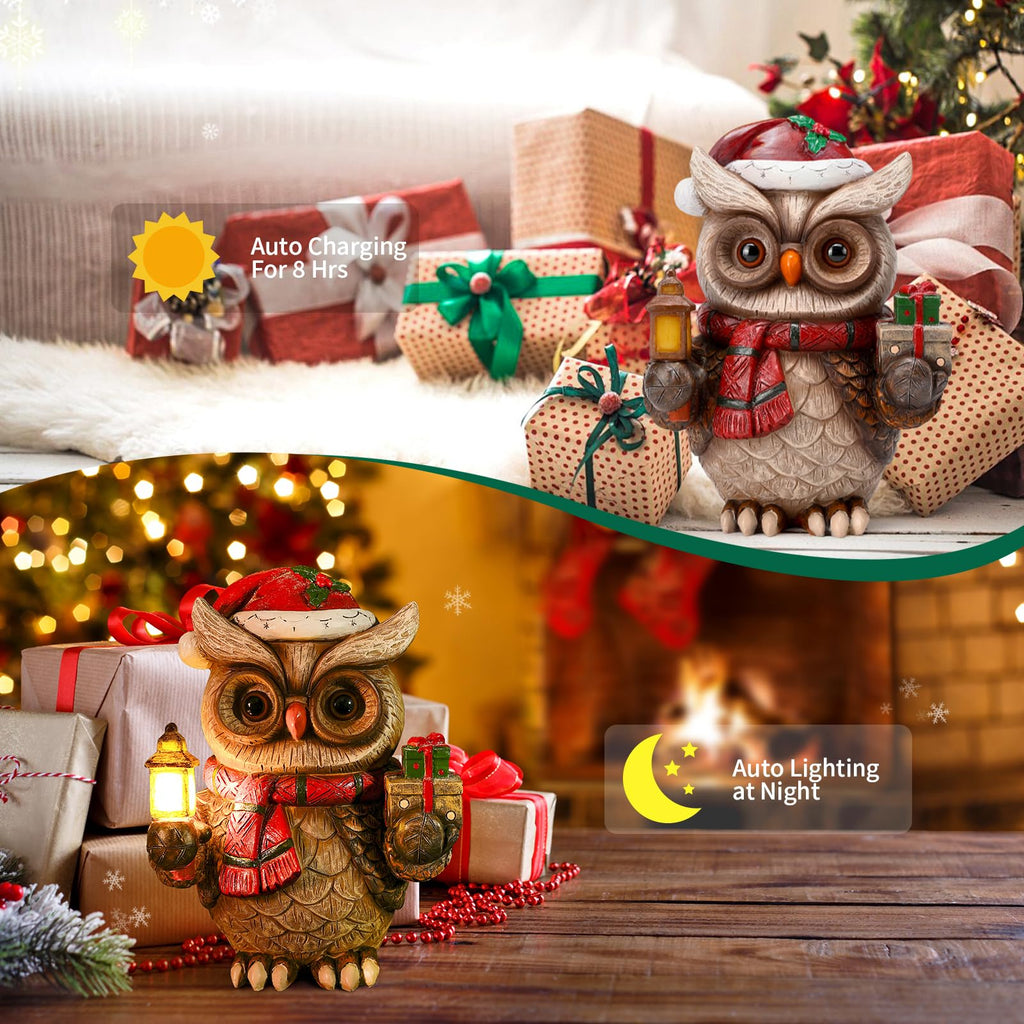 Christmas Owl Garden Decor Statue with Solar Light 9.4‘’