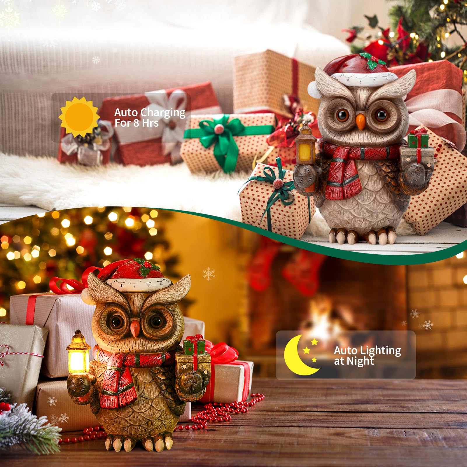 Christmas Owl Garden Decor Statue with Solar Light 9.4‘’