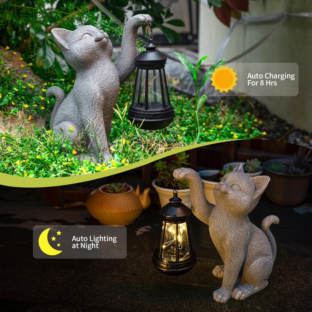 Cat Garden Decor Statue with Solar Light 8.6''
