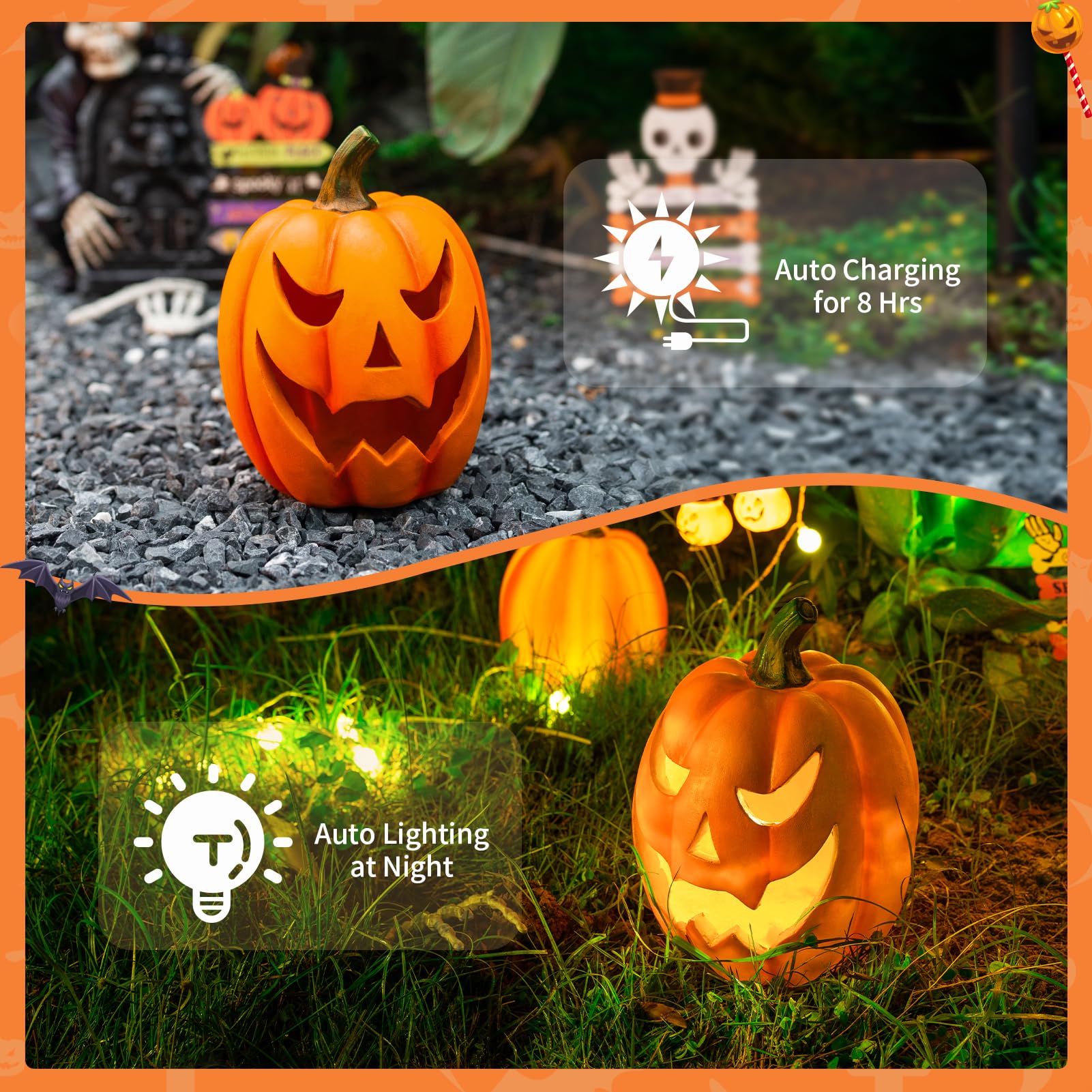Halloween Pumpkin Jack-o'-lantern Garden Decor Statue with Solar Light 9‘’