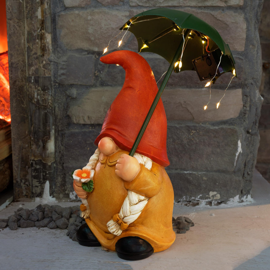 Greeen Umbrella Lady Gnome Garden Decor Statue Solar Light 9.9''