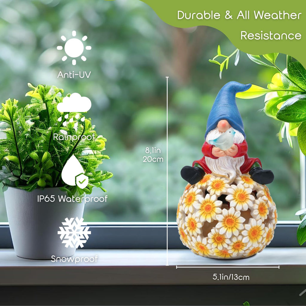 Flower Gnome Garden Decor Statue with Solar Light 6.6‘’