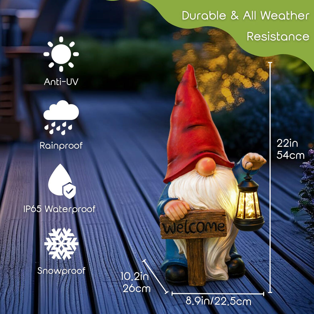 Large Gnome Garden  Decor Statue Big Gnome with Welcome Sign Solar Light 22"