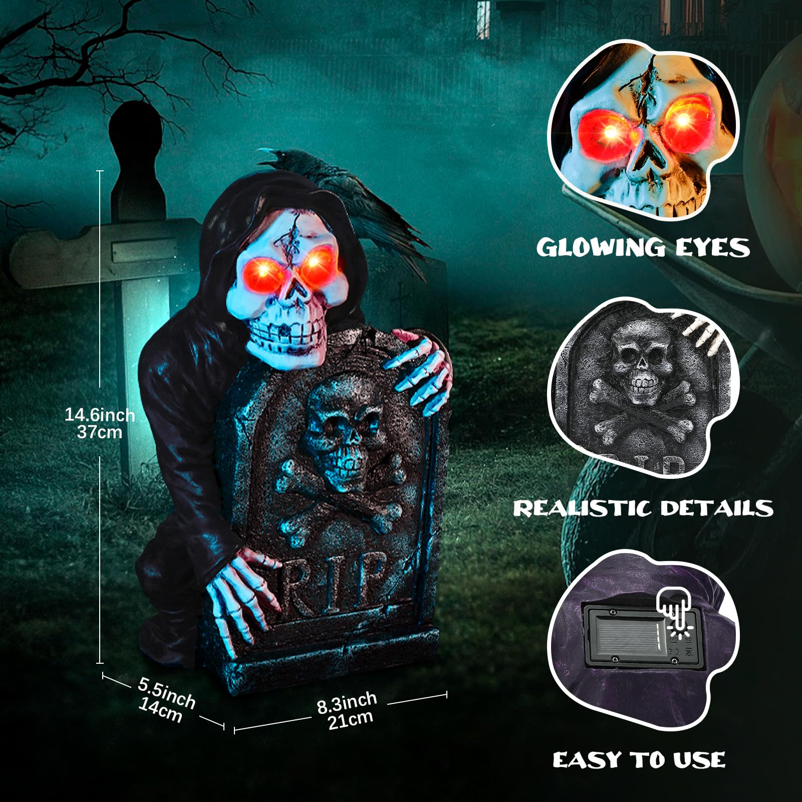 Halloween Tombstone Spooky Skeleton Garden Decor Statue with Solar Light 14.6''