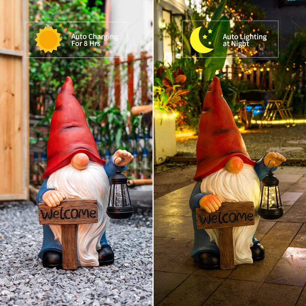 Large Gnome Garden  Decor Statue Big Gnome with Welcome Sign Solar Light 22"