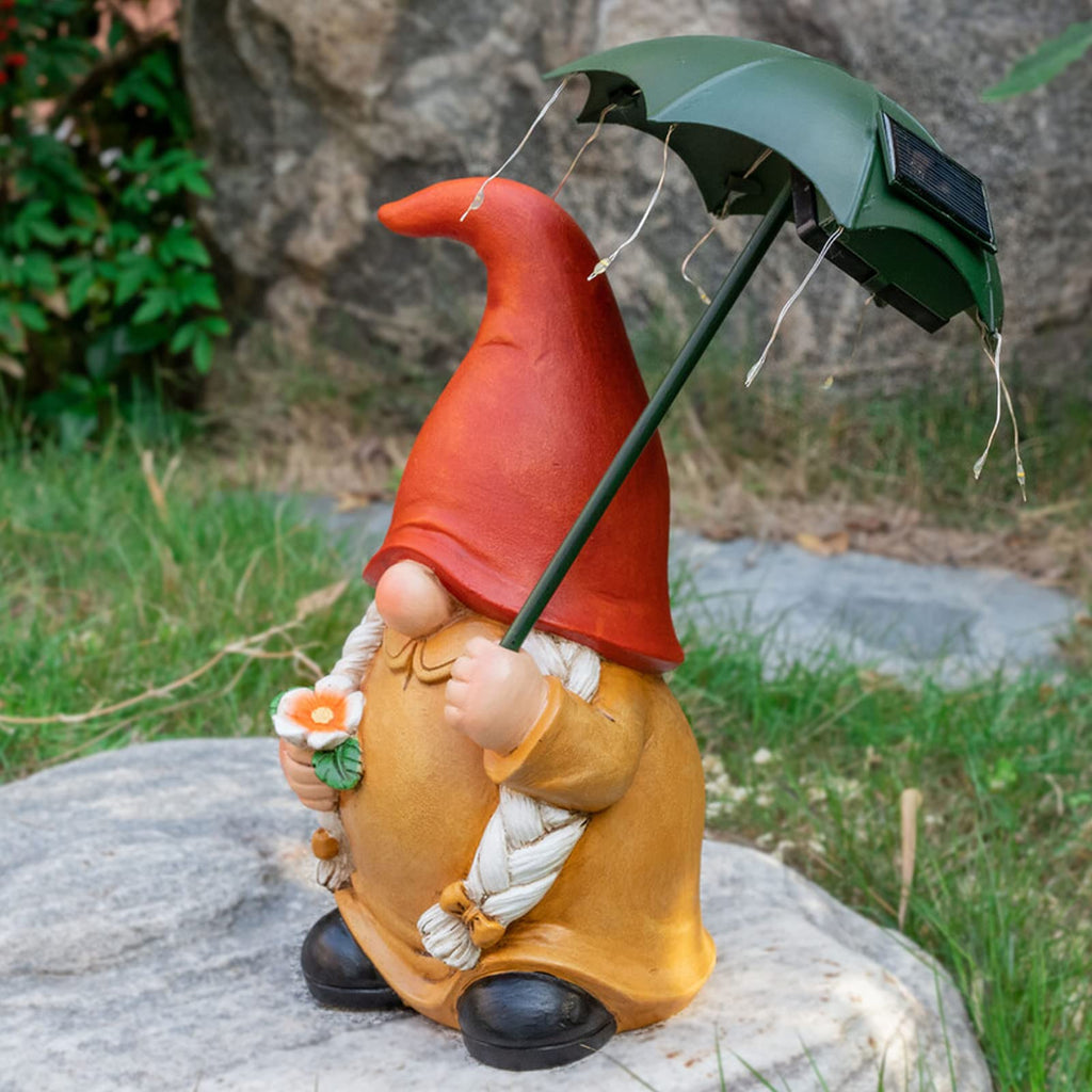 Greeen Umbrella Lady Gnome Garden Decor Statue Solar Light 9.9''