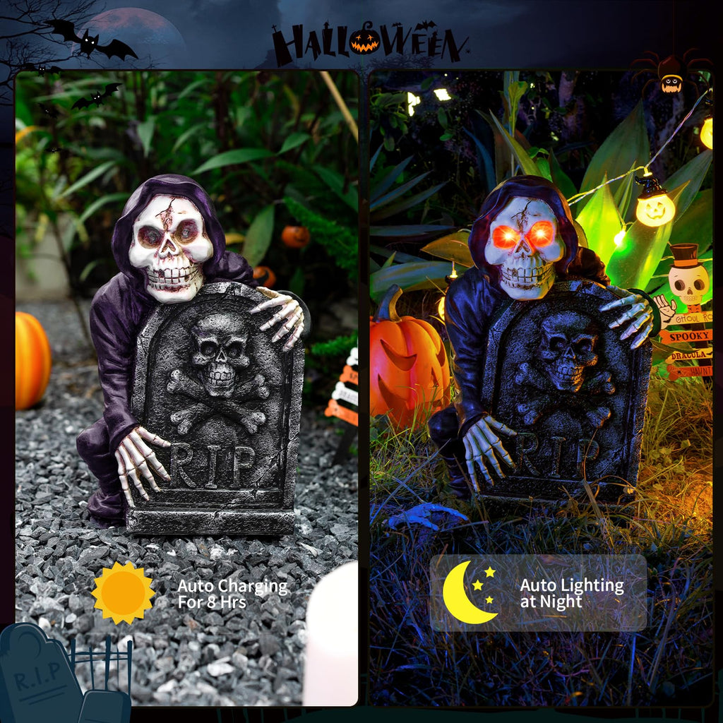 Halloween Tombstone Spooky Skeleton Garden Decor Statue with Solar Light 14.6''