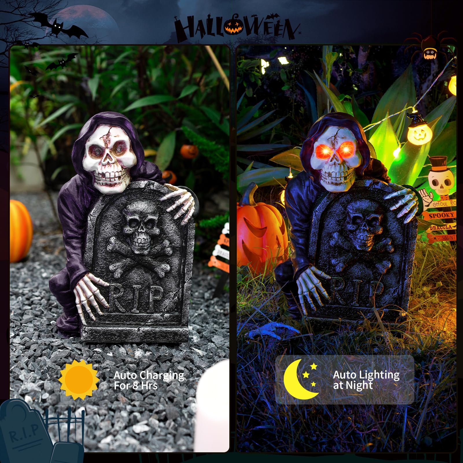 Halloween Tombstone Spooky Skeleton Garden Decor Statue with Solar Light 14.6''