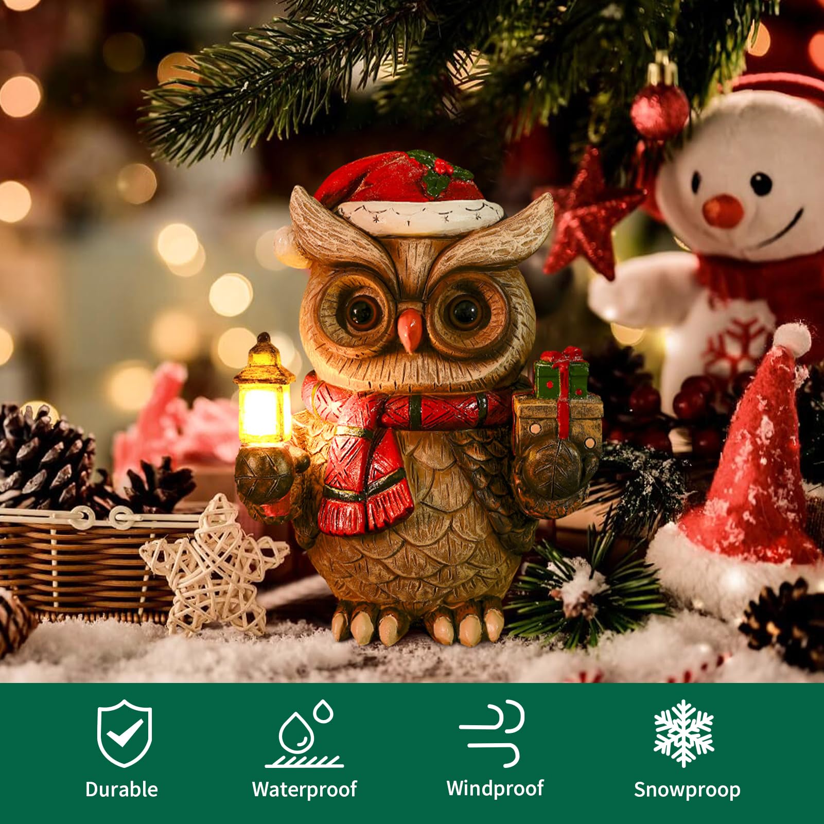 Christmas Owl Garden Decor Statue with Solar Light 9.4‘’