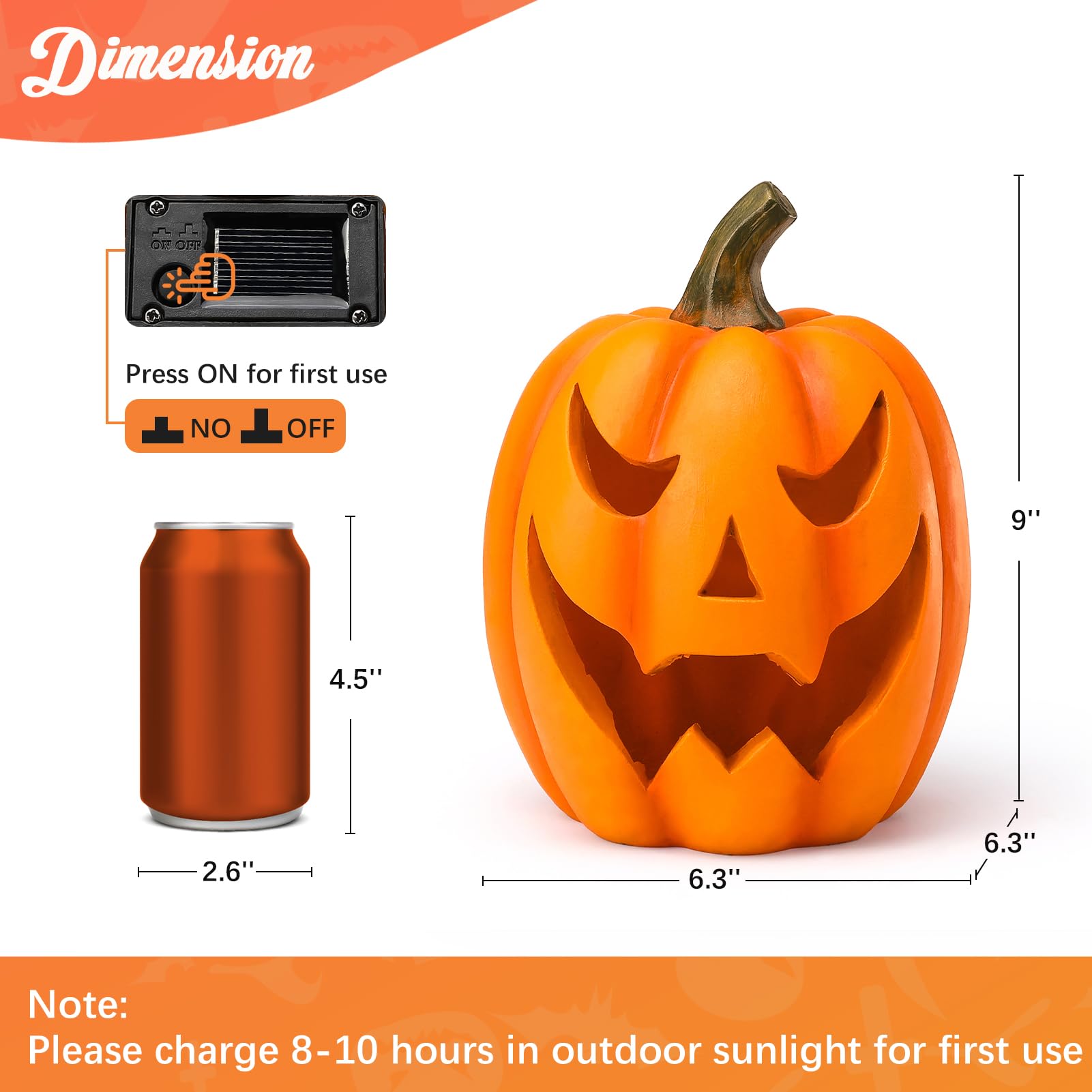 Halloween Pumpkin Jack-o'-lantern Garden Decor Statue with Solar Light 9‘’
