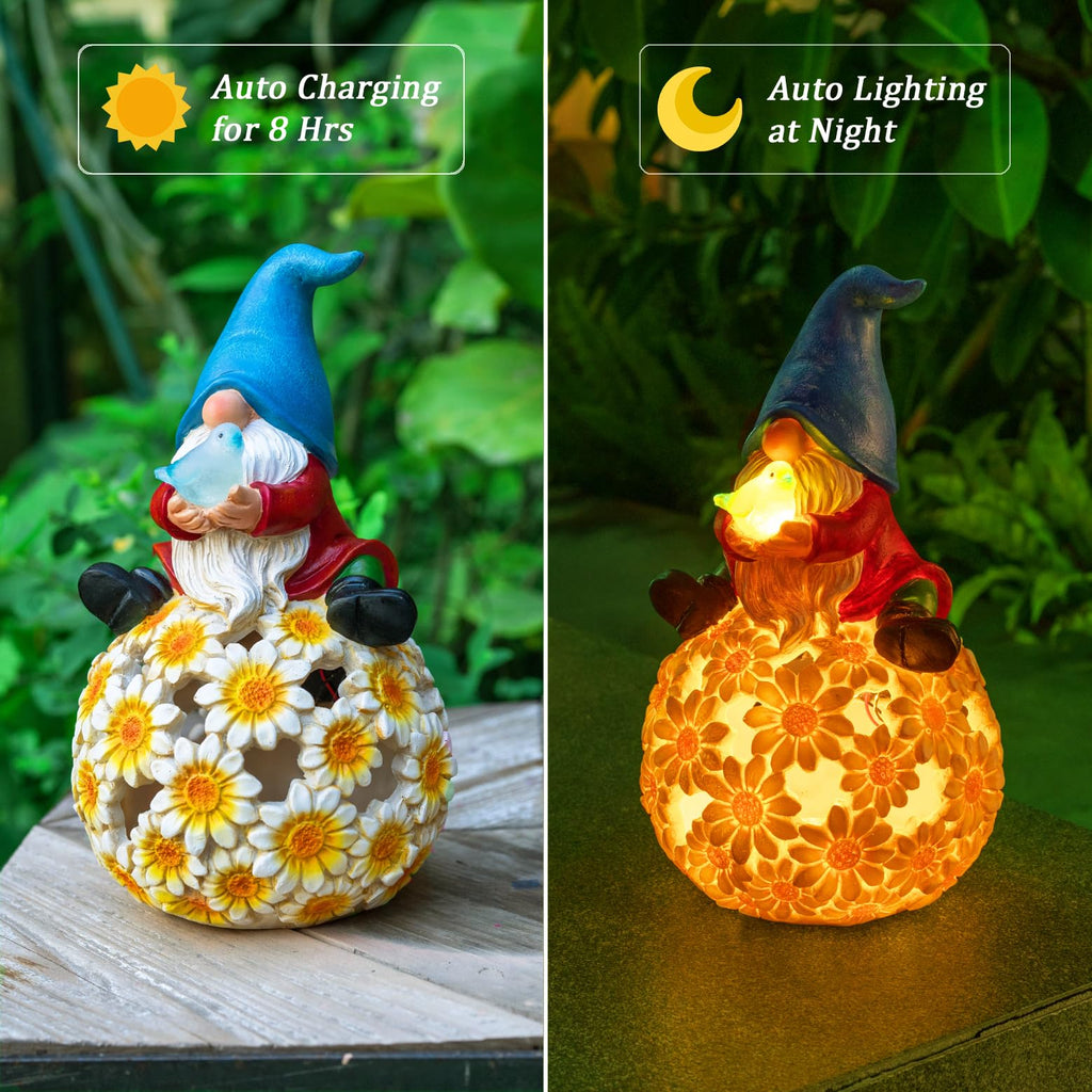 Flower Gnome Garden Decor Statue with Solar Light 6.6‘’