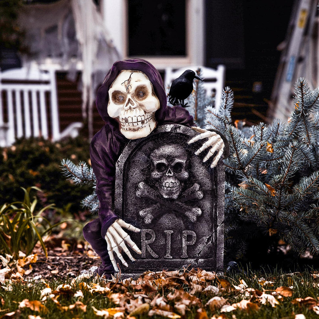Halloween Tombstone Spooky Skeleton Garden Decor Statue with Solar Light 14.6''