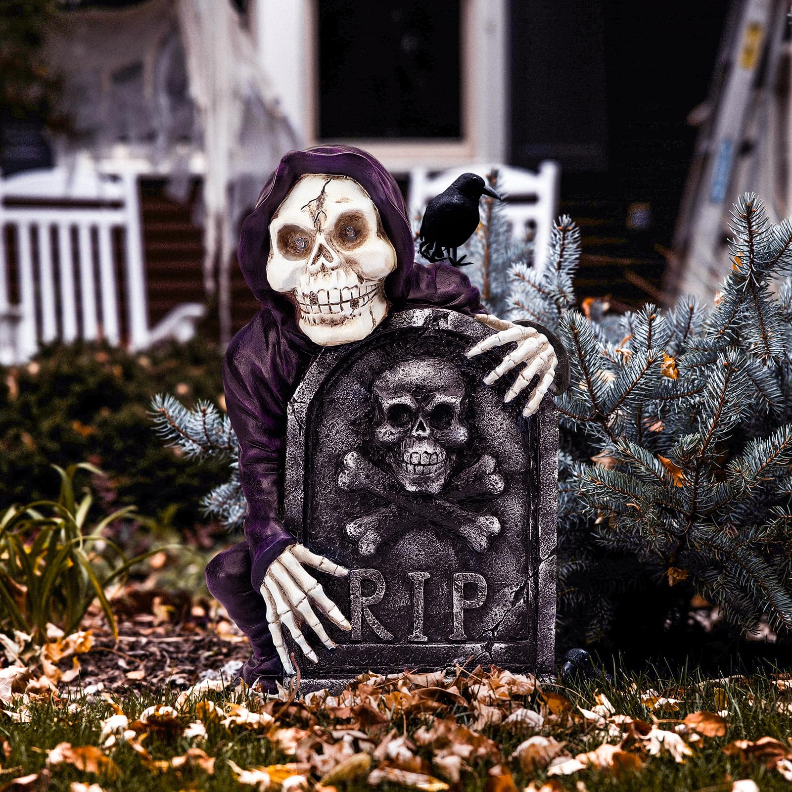 Halloween Tombstone Spooky Skeleton Garden Decor Statue with Solar Light 14.6''