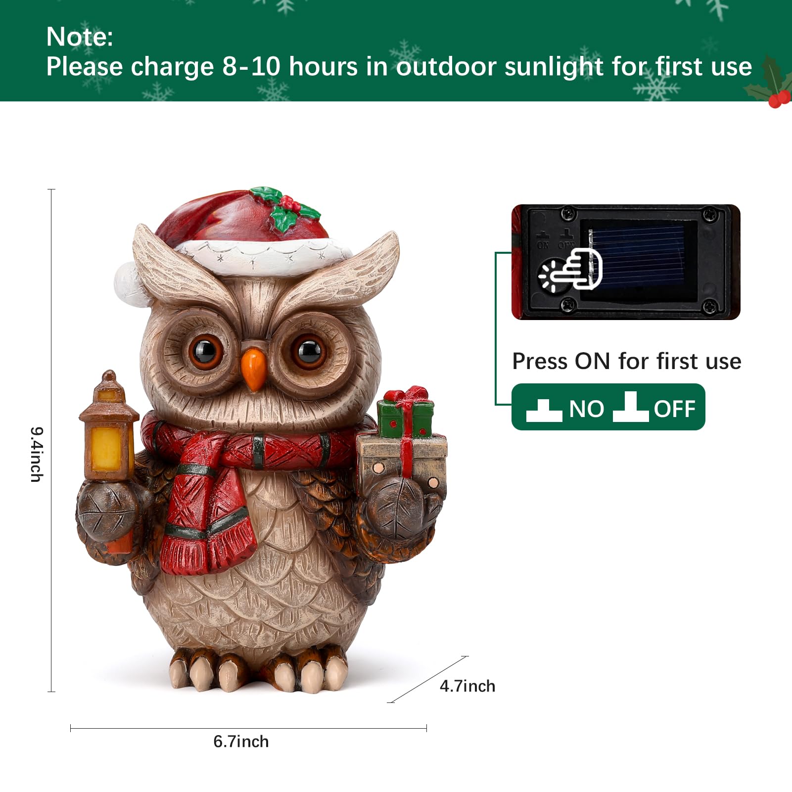 Christmas Owl Garden Decor Statue with Solar Light 9.4‘’
