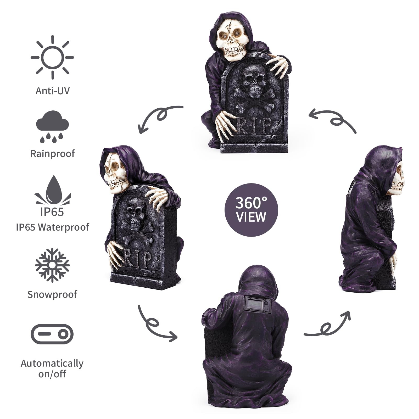 Halloween Tombstone Spooky Skeleton Garden Decor Statue with Solar Light 14.6''