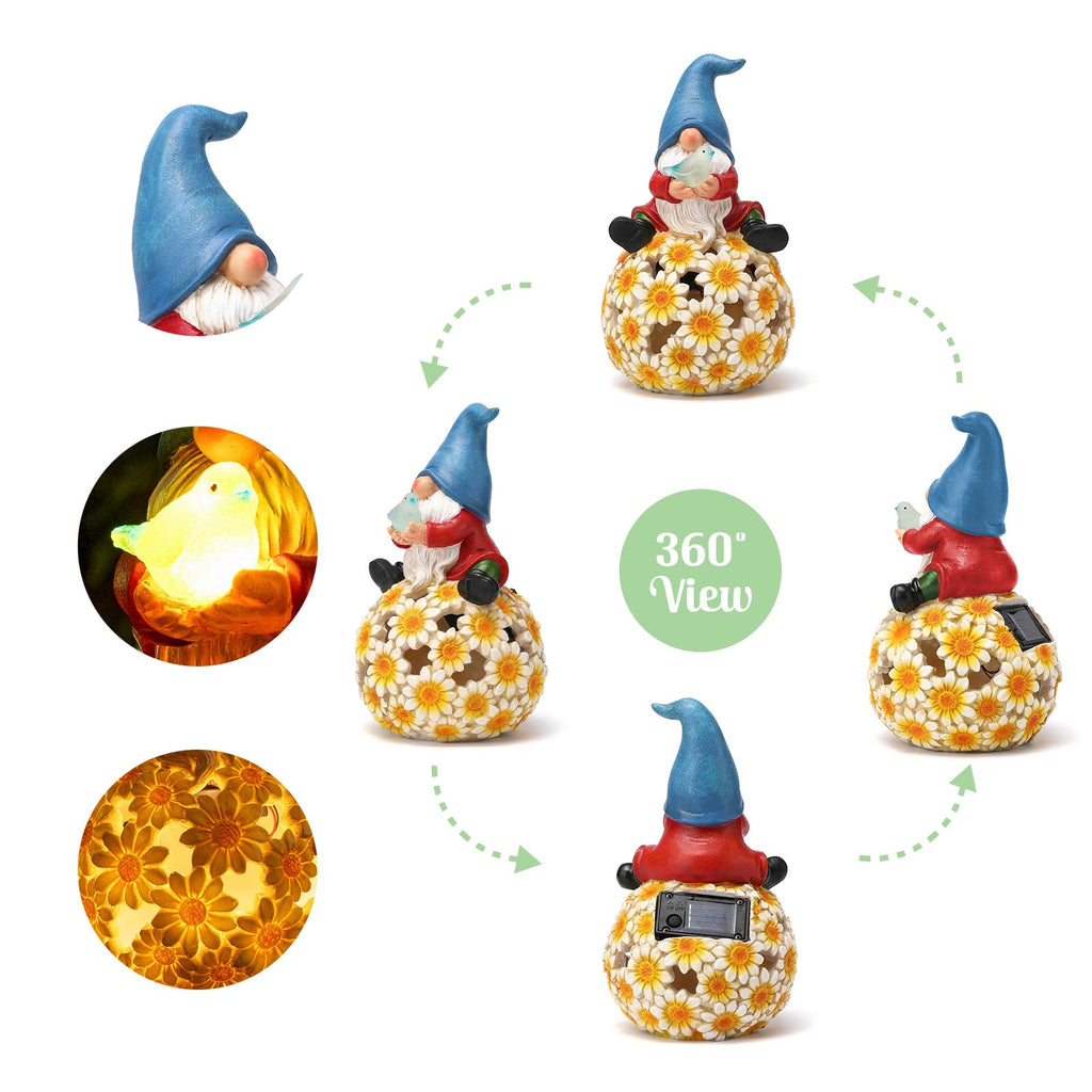 Flower Gnome Garden Decor Statue with Solar Light 6.6‘’
