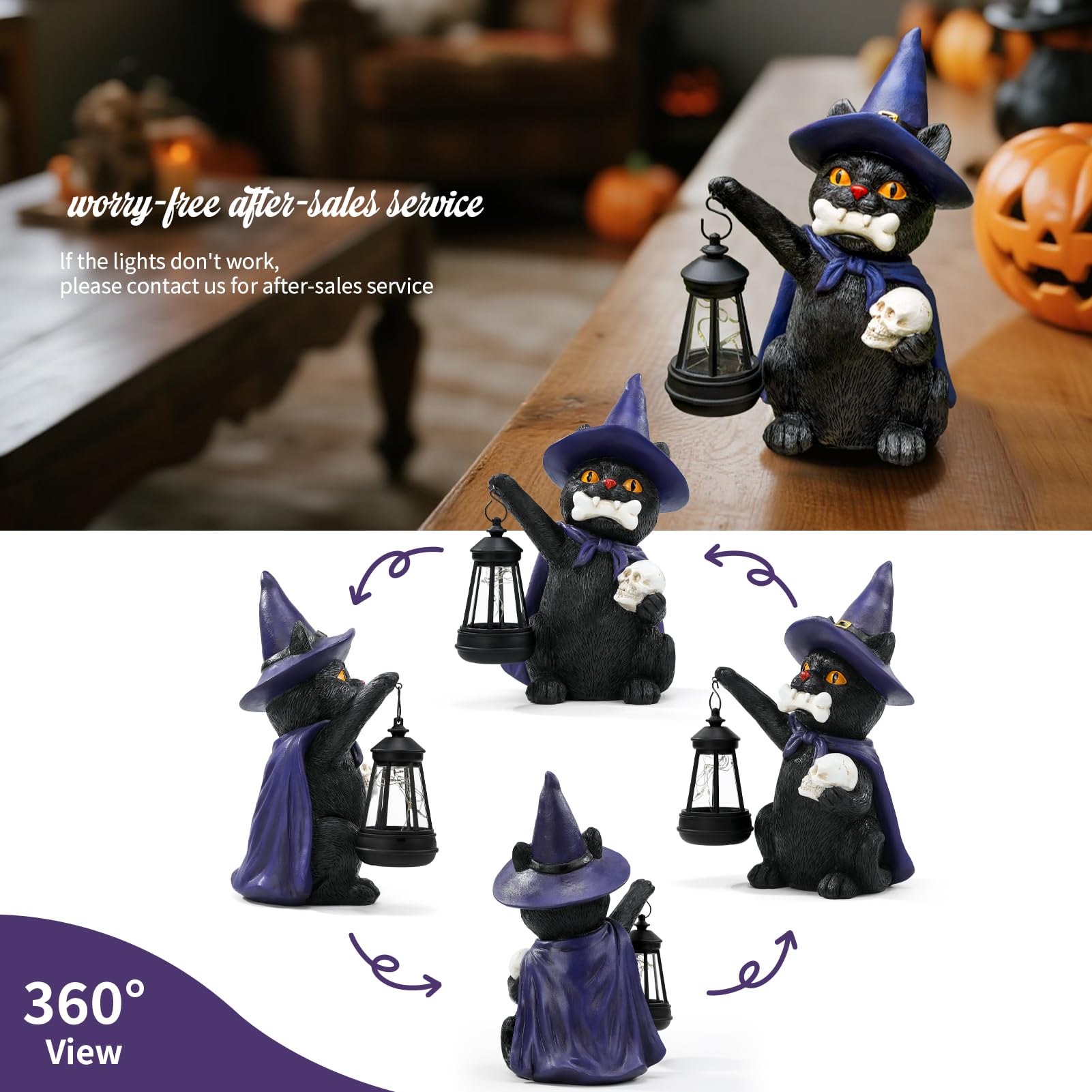 Halloween Black Cat Spooky Garden Decor Statue with Solar Light 10.6‘’