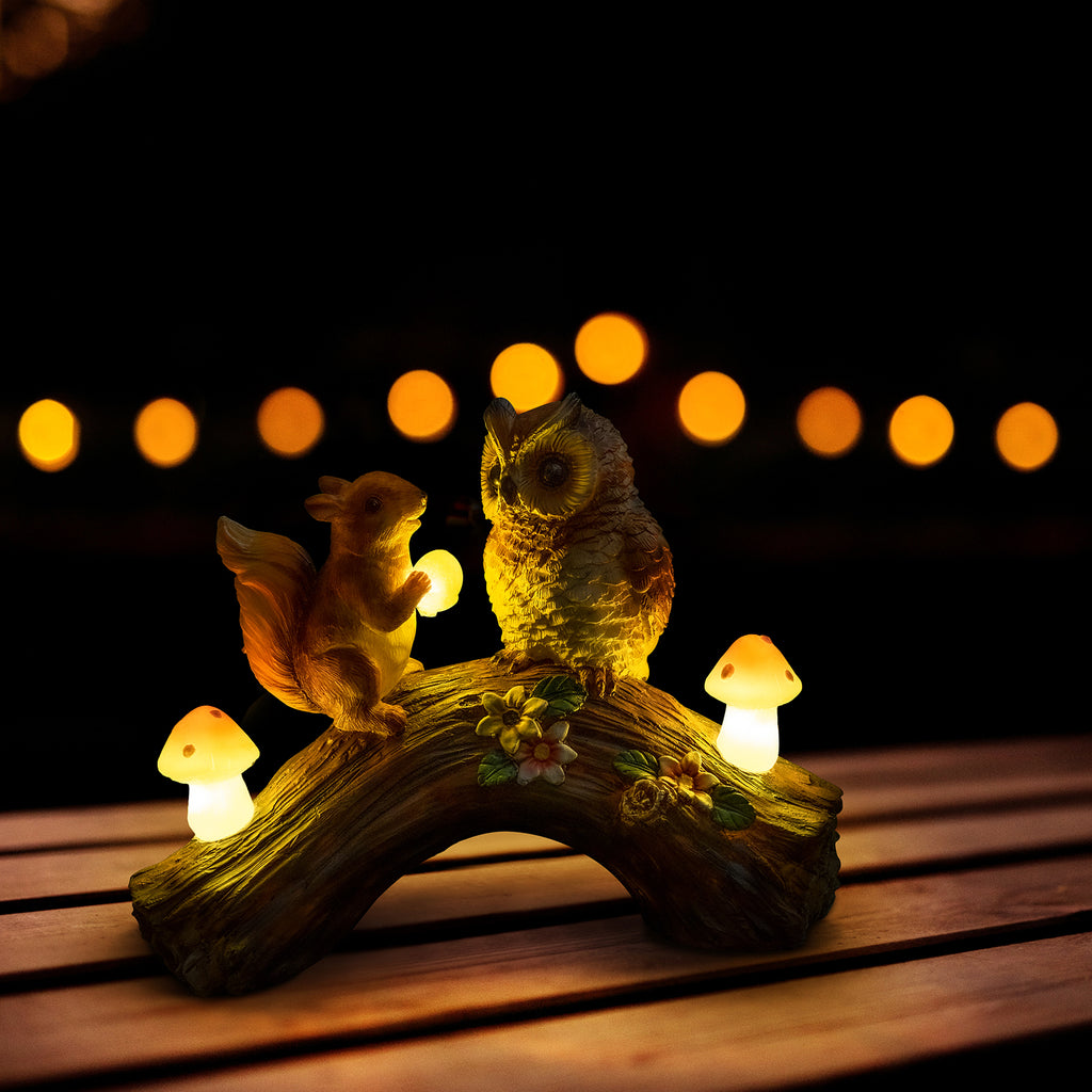 Owl Squirrel Garden Decor Statue with Solar Light